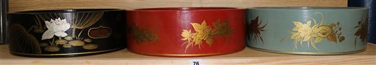 3 Chinese lacquered two handled cylindrical bowls